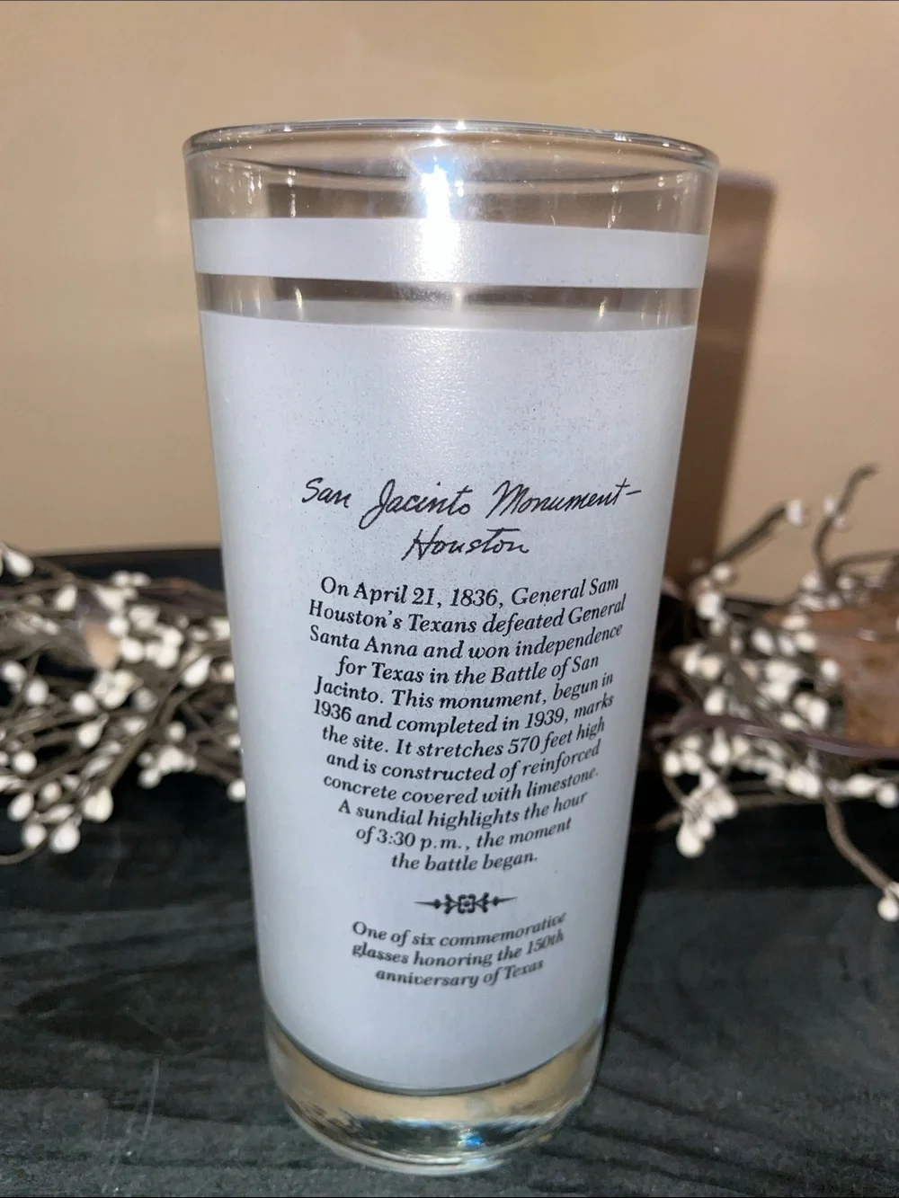 Two Texas Vintage 150th Anniversary Frosted Glasses 1986-Alamo & San Jacinto